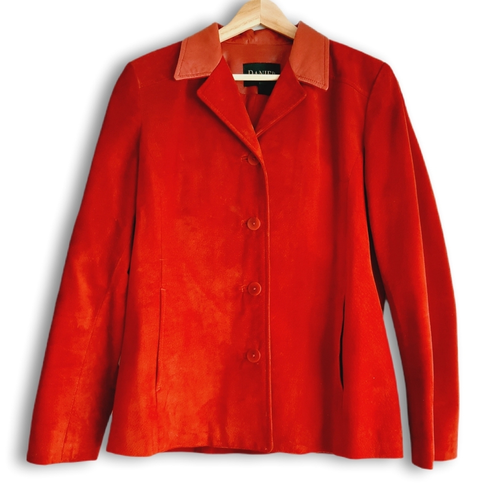 DANIER Genuine Suede Button Front Blazer Jacket Vibrant Red Short Coat Sz L